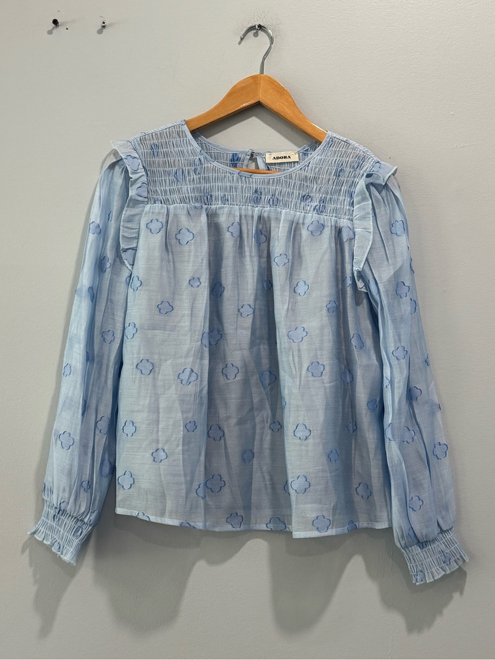 Adora Light Blue Smocked Yoke Floral Blouse